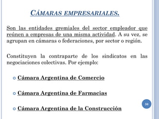 CÁMARAS EMPRESARIALES.
Son las entidades gremiales del sector empleador que
reúnen a empresas de una misma actividad. A su vez, se
agrupan en cámaras o federaciones, por sector o región.
Constituyen la contraparte de los sindicatos en las
negociaciones colectivas. Por ejemplo:
 Cámara Argentina de Comercio
 Cámara Argentina de Farmacias
 Cámara Argentina de la Construcción
36
 