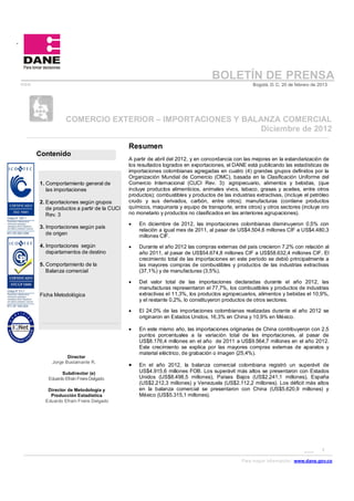 .




                                                                                  BOLETÍN DE PRENSA
                                                                                                    Bogotá, D. C, 20 de febrero de 2013




                   COMERCIO EXTERIOR                         IMPORTACIONES Y BALANZA COMERCIAL
                                                                                Diciembre de 2012

                                              Resumen
        Contenido
                                              A partir de abril del 2012, y en concordancia con las mejoras en la estandarización de
                                              los resultados logrados en exportaciones, el DANE está publicando las estadísticas de
                                              importaciones colombianas agregadas en cuatro (4) grandes grupos definidos por la
                                              Organización Mundial de Comercio (OMC), basada en la Clasificación Uniforme del
        1. Comportamiento general de          Comercio Internacional (CUCI Rev. 3): agropecuario, alimentos y bebidas, (que
           las importaciones                  incluye productos alimenticios, animales vivos, tabaco, grasas y aceites, entre otros
                                              productos); combustibles y productos de las industrias extractivas, (incluye el petróleo
        2. Exportaciones según grupos         crudo y sus derivados, carbón, entre otros); manufacturas (contiene productos
           de productos a partir de la CUCI   químicos, maquinaria y equipo de transporte, entre otros) y otros sectores (incluye oro
           Rev. 3                             no monetario y productos no clasificados en las anteriores agrupaciones).

                                              ·   En diciembre de 2012, las importaciones colombianas disminuyeron 0,5% con
        3. Importaciones según país
                                                  relación a igual mes de 2011, al pasar de US$4.504,6 millones CIF a US$4.480,3
           de origen                              millones CIF.
        4. Importaciones según                ·   Durante el año 2012 las compras externas del país crecieron 7,2% con relación al
           departamentos de destino               año 2011, al pasar de US$54.674,8 millones CIF a US$58.632,4 millones CIF. El
                                                  crecimiento total de las importaciones en este período se debió principalmente a
        5. Comportamiento de la                   las mayores compras de combustibles y productos de las industrias extractivas
           Balanza comercial                      (37,1%) y de manufacturas (3,5%).

                                              ·   Del valor total de las importaciones declaradas durante el año 2012, las
                                                  manufacturas representaron el 77,7%, los combustibles y productos de industrias
        Ficha Metodológica                        extractivas el 11,3%, los productos agropecuarios, alimentos y bebidas el 10,9%,
                                                  y el restante 0,2%, lo constituyeron productos de otros sectores.

                                              ·   El 24,0% de las importaciones colombianas realizadas durante el año 2012 se
                                                  originaron en Estados Unidos, 16,3% en China y 10,9% en México.

                                              ·   En este mismo año, las importaciones originarias de China contribuyeron con 2,5
                                                  puntos porcentuales a la variación total de las importaciones, al pasar de
                                                  US$8.176,4 millones en el año de 2011 a US$9.564,7 millones en el año 2012.
                                                  Este crecimiento se explica por las mayores compras externas de aparatos y
                                                  material eléctrico, de grabación o imagen (25,4%).
                    Director
             Jorge Bustamante R.
                                              ·   En el año 2012, la balanza comercial colombiana registró un superávit de
                 Subdirector (e)                  US$4.915,6 millones FOB. Los superávit más altos se presentaron con Estados
           Eduardo Efraín Freire Delgado          Unidos (US$8.498,5 millones), Países Bajos (US$2.241,1 millones), España
                                                  (US$2.212,3 millones) y Venezuela (US$2.112,2 millones). Los déficit más altos
           Director de Metodología y              en la balanza comercial se presentaron con China (US$5.620,9 millones) y
            Producción Estadística                México (US$5.315,1 millones).
          Eduardo Efraín Freire Delgado
    º




                                                                                                                                    1
                                                                                               Para mayor información: www.dane.gov.co
 