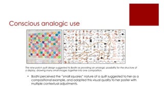 Conscious analogic use
The nine-patch quilt design suggested to Bodhi as providing an analogic possibility for the structu...