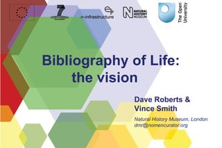 Bibliography of Life:
the vision
Dave Roberts &
Vince Smith
Natural History Museum, London
dmr@nomencurator.org

 