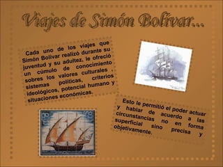 Viajes de Simón Bolívar... Cada uno de los viajes que Simón Bolívar realizó durante su juventud y su adultez, le ofreció un cúmulo de conocimiento sobres los valores culturales , sistemas políticas, criterios ideológicos, potencial humano y situaciones económicas.   Esto le permitió el poder actuar y hablar de acuerdo a las circunstancias no en forma superficial sino precisa y objetivamente.   