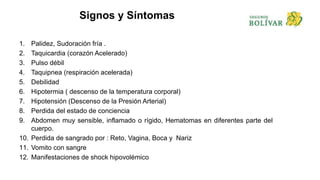 Signos y Síntomas
1. Palidez, Sudoración fría .
2. Taquicardia (corazón Acelerado)
3. Pulso débil
4. Taquipnea (respiración acelerada)
5. Debilidad
6. Hipotermia ( descenso de la temperatura corporal)
7. Hipotensión (Descenso de la Presión Arterial)
8. Perdida del estado de conciencia
9. Abdomen muy sensible, inflamado o rígido, Hematomas en diferentes parte del
cuerpo.
10. Perdida de sangrado por : Reto, Vagina, Boca y Nariz
11. Vomito con sangre
12. Manifestaciones de shock hipovolémico
 