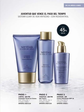 79
PASO 1
LIMPIA AM-PM
Limpiador Facial en Crema
Cont. 120 g Cód. 1
P.Público US$22.-
OFERTA US$15.50
PASO 2
TONIFICA AM-PM
Gel Tónico
Cont. 150 ml Cód. 5
P.Público US$22.-
OFERTA US$15.50
PASO 3
HIDRATA AM
Crema Hidratante SPF 20
Cont. 45 g Cód. 8
P.Público US$40.-
OFERTA US$22.-
JUVENTUD QUE VENCE EL PASO DEL TIEMPO
SISTEMA ELIXIR DE VIDA ANTIEDAD - CON RESVERATROL
45%
DSCTO.
HASTA
DE 36 AÑOS A MÁS
78-79 Elixir.qxp_078-079 bol C10 7/16/15 8:41 AM Página 2
 