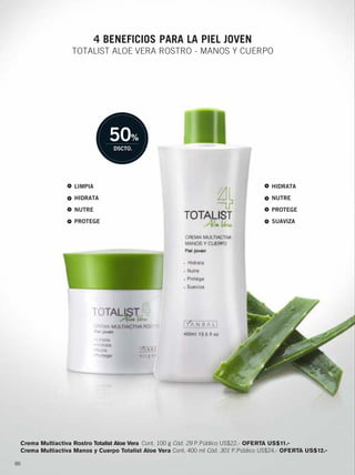 88
Crema Multiactiva Rostro Totalist Aloe Vera Cont. 100 g Cód. 29 P.Público US$22.- OFERTA US$11.-
Crema Multiactiva Manos y Cuerpo Totalist Aloe Vera Cont. 400 ml Cód. 301 P.Público US$24.- OFERTA US$12.-
4 BENEFICIOS PARA LA PIEL JOVEN
TOTALIST ALOE VERA ROSTRO - MANOS Y CUERPO
LIMPIA
HIDRATA
NUTRE
PROTEGE
HIDRATA
NUTRE
PROTEGE
SUAVIZA
50%
DSCTO.
88-89 Totalist AyN.qxp_088-089 bol C10 7/13/15 12:23 PM Página 1
 