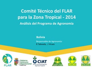 Comité Técnico del FLAR 
para la Zona Tropical - 2014 
Análisis del Programa de Agronomía 
Bolivia 
Responsable de Agronomía: 
R Taboada, J Viruez 
 