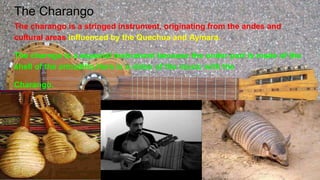 The Charango
The charango is a stringed instrument, originating from the andes and
cultural areas influenced by the Quechua and Aymara.
The charngo is a especial instrument because the under part is made of the
shell of the armadillo.Here is a video of the music with the
Charango.
 