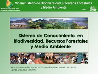 VBIOREFORMA
Sistema de Conocimiento enSistema de Conocimiento en
Biodiversidad, Recursos ForestalesBiodiversidad, Recursos Forestales
y Medio Ambientey Medio Ambiente
Viceministerio de Biodiversidad, Recursos Forestales y Medio Ambiente
La Paz, Diciembre de 2006
 