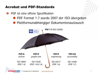 Acrobat und PDF-Standards
 PDF ist eine offene Spezifikation
      PDF Format 1.7 wurde 2007 der ISO übergeben
      Plattformunabhängiger Dokumentenaustausch




           © Computrain M. Bollenbach   www.bollenbach.de   4
 