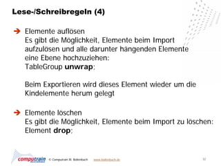 Lese-/Schreibregeln (4)

 Elemente auflösen
  Es gibt die Möglichkeit, Elemente beim Import
  aufzulösen und alle darunter hängenden Elemente
  eine Ebene hochzuziehen:
  TableGroup unwrap;

   Beim Exportieren wird dieses Element wieder um die
   Kindelemente herum gelegt

 Elemente löschen
  Es gibt die Möglichkeit, Elemente beim Import zu löschen:
  Element drop;


          © Computrain M. Bollenbach   www.bollenbach.de   32
 