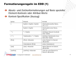 Formatierungsregeln im EDD (1)

 Absatz- und Zeichenformatierungen auf Basis spezieller
  Element-Kontexte oder Attribut-Werte
 Kontext-Spezifkation (Auszug)




           © Computrain M. Bollenbach   www.bollenbach.de   49
 