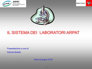 1
IL SISTEMA DEI LABORATORI ARPAT
Presentazione a cura di
Patrizia Bolletti
Siena 9 giugno 2016
 