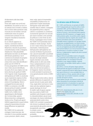 31
2. 2022
di laboratorio alla base della
pandemia.
Forse tale ospite non verrà mai
identificato, ma anche se non vi è
la certezza sono in molti a credere
che la chiave della questione vada
ricercata nei wet market, mercati
tradizionali cinesi nei quali si
commerciano animali vivi che
vengono macellati al momento
dell’acquisto.
In un articolo apparso su
Science, ricercatori cinesi e
inglesi, coordinati da David
Robertson, docente di genomica
e bioinformatica virale a Glasgow,
ribadiscono l’alta plausibilità
dell’ipotesi secondo cui all’origine
dell’attuale pandemia ci sia il
commercio di animali vivi proprio
nei mercati di Wuhan, la città
cinese dove sono stati identificati i
primi casi di COVID-19.
Il virus progenitore di SARS-CoV-2
non è stato ancora identificato,
ma pare che la sua origine non sia
tanto diversa da quella di SARS-
CoV, l’agente virale responsabile
dell’epidemia di SARS, la sindrome
acuta respiratoria esplosa tra fine
2002 e inizio 2003 nella provincia
cinese di Guandgong. Allora i
contagiati furono poco più di
8.000 e si contarono circa 800
decessi prima di vedere scemare
l’epidemia nel luglio 2003.
SARS-CoV e SARS-CoV-2
appartengono alla famiglia
dei Coronaviridae, genere
Betacoronavirus e sottogenere
Sarbecovirus. Proprio gli agenti
infettivi appartenenti a quest’ultima
categoria tassonomica trovano
larga diffusione nei pipistrelli
rinofili.
Per SARS-CoV, la catena del
contagio è stata tracciata: dai
chirotteri il virus sarebbe passato
a cani, procioni, zibetti, visoni,
tassi, volpi, specie di mammiferi
suscettibili ai Sarbecovirus. In
particolare l’ospite intermedio
dell’agente virale della SARS
sarebbe stato lo zibetto, contagiato
dai pipistrelli prima o dopo la
cattura e accatastato in condizioni
scarsamente igieniche nei mercati
per essere venduto come animale
da pelliccia o come fonte di cibo.
Da qui, il passaggio verso l’uomo.
Per SARS-CoV-2 potrebbe essere
andata in modo analogo. Anche
se non è stato rintracciato l’ospite
intermedio, l’individuazione
dell’epicentro dell’epidemia nel
mercato di Wuhan fa presumere
che i piccoli mammiferi suscettibili
all’infezione da Sarbecovirus siano
ben più che degli indiziati.
Questi chirotteri sono molto
diffusi anche in altre aree della
Cina e campionamenti in zone
dell’Est e dell’Ovest del paese,
oltre che nel Sud-est asiatico e
in Giappone, hanno riscontrato
in molti esemplari la presenza di
virus geneticamente simili a SARS-
CoV-2.
Ma per quale motivo allora, data la
grande diffusione di pipistrelli e di
questi mercati in gran parte della
Cina, negli ultimi vent’anni ci sono
state solo due epidemie legate a
queste tipologie di virus?
In realtà i salti di specie operati
dai virus simili a SARS-CoV
sarebbero più di quanto si pensi.
Lo dimostrerebbero alcuni studi
sierologici che hanno individuato
anticorpi diretti contro virus
SARS-CoV correlati in popolazioni
che vivono in ambienti rurali e in
zone limitrofe alle grotte popolate
da pipistrelli, aree dove
il contatto uomo-
animale è altamente
probabile.
La possibilità che uno
Lo strano caso di Omicron
B.1.1.529, cioè Omicron, la variante di SARS-
CoV-2 sequenziata per la prima volta a metà
novembre 2021, prima in Botswana e poi in
Sud Africa, e dichiarata poco dopo dall’OMS
variant of concern, cioè variante preoccupante,
presenta oltre 50 mutazioni, la maggior parte
nella proteina spike, ma sembra avere seguito
un’evoluzione diversa rispetto alle varianti che
l’hanno preceduta sulla scena pandemica.
Potrebbe essersi originata in un gruppo isolato
di persone, probabilmente in un’area remota
dell’Africa meridionale, lontana dalle zone dove
c’è una sorveglianza più attiva dell’epidemia.
Una sorta di bolla in cui il virus ha avuto il tempo
di continuare a circolare e mutare in modo
diverso e indipendente rispetto alle altre varianti
presenti all’esterno.
Oppure Omicron potrebbe essersi sviluppata
in un paziente immunodepresso, per esempio
infettato da HIV, con una bassa immunità
cellulare e una, seppure debole, risposta
anticorpale che avrebbe indotto spike a mutare
velocemente.
Da ultimo, si torna all’ipotesi degli spillover.
Diversamente da quanto accaduto per le altre
varianti, avvenute all’interno della specie umana,
nel caso di Omicron il virus avrebbe fatto un
salto di specie a ritroso, questa volta nel topo
e, dopo aver accumulato mutazioni, sarebbe
tornato all’essere umano.
Tutte ipotesi che per ora hanno la sola certezza
della necessità di incrementare l’attività di
sequenziamento e di estendere la copertura
vaccinale per contenere il dilagare di nuove
varianti.
Wei C, et al. J Genet Genomics 2021; 48: 1111-21.
Karim F, et al. MedRxiv 2021; DOI:
Kupferschmidt K. Science 2021; 6572 DOI: 10.1126/
science.acx9754
Il pangolino, da alcuni
individuato come l’anello
mancante tra pipistrelli e
uomo per SARS-CoV-2.
 