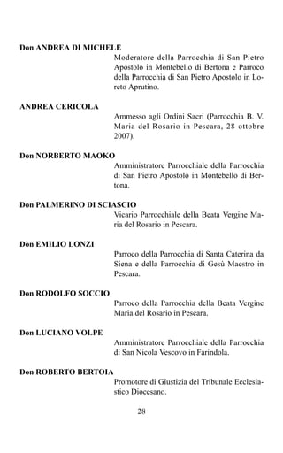 Don ANDREA DI MICHELE
                    Moderatore della Parrocchia di San Pietro
                    Apostolo in Montebello di Bertona e Parroco
                    della Parrocchia di San Pietro Apostolo in Lo-
                    reto Aprutino.

ANDREA CERICOLA
                         Ammesso agli Ordini Sacri (Parrocchia B. V.
                         Maria del Rosario in Pescara, 28 ottobre
                         2007).

Don NORBERTO MAOKO
                  Amministratore Parrocchiale della Parrocchia
                  di San Pietro Apostolo in Montebello di Ber-
                  tona.

Don PALMERINO DI SCIASCIO
                    Vicario Parrocchiale della Beata Vergine Ma-
                    ria del Rosario in Pescara.

Don EMILIO LONZI
                         Parroco della Parrocchia di Santa Caterina da
                         Siena e della Parrocchia di Gesù Maestro in
                         Pescara.

Don RODOLFO SOCCIO
                         Parroco della Parrocchia della Beata Vergine
                         Maria del Rosario in Pescara.

Don LUCIANO VOLPE
                         Amministratore Parrocchiale della Parrocchia
                         di San Nicola Vescovo in Farindola.

Don ROBERTO BERTOIA
                         Promotore di Giustizia del Tribunale Ecclesia-
                         stico Diocesano.

                                28
 