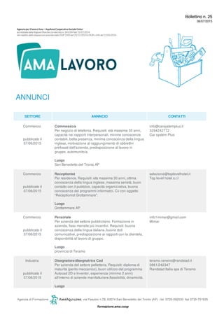 Bollettino n. 25
06/07/2015
ANNUNCI
SETTORE ANNNCIO CONTATTI
Commercio
pubblicato il
07/06/2015
Commesso/a
Per negozio di telefonia. Requisiti: età massima 30 anni,
capacità nei rapporti interpersonali, minime conoscenze
contabili, bella presenza, minima conoscenza della lingua
inglese, motivazione al raggiungimento di obbiettivi
prefissati dall'azienda, predisposizione al lavoro in
gruppo, automunito/a.
Luogo
San Benedetto del Tronto AP
info@carsystemplus.it
3294242772
Car system Plus
Commercio
pubblicato il
07/06/2015
Receptionist
Per residence. Requisiti: età massima 30 anni, ottima
conoscenza della lingua inglese, massima serietà, buon
contatto con il pubblico, capacità organizzativa, buona
conoscenza dei programmi informatici. Cv con oggetto
“Receptionist Grottammare".
Luogo
Grottammare AP
selezione@toplevelhotel.it
Top level hotel s.r.l
Commercio
pubblicato il
07/06/2015
Personale
Per azienda del settore pubblicitario. Formazione in
azienda, fisso mensile più incentivi. Requisiti: buona
conoscenza della lingua italiana, buone doti
comunicative, predisposizione ai rapporti con la clientela,
disponibilità al lavoro di gruppo.
Luogo
provincia di Teramo
info1mimar@gmail.com
Mimar
Industria
pubblicato il
07/06/2015
Disegnatore/disegnatrice Cad
Per azienda del settore pelletteria. Requisiti: diploma di
maturità (perito meccanico), buon utilizzo del programma
Autocad 2D e Inventor, esperienza (minimo 2 anni)
all'interno di aziende manifatturiere,flessibilità, dinamicità.
Luogo
teramo.raneiro@randstad.it
0861/242347
Randstad Italia spa di Teramo
 