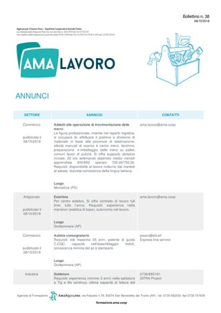 Bollettino n. 38
08/10/2018
ANNUNCI
SETTORE ANNNCIO CONTATTI
Commercio
pubblicato il
08/10/2018
Addetti alle operazione di movimentazione delle
merci
La figura professionale, inserita nel reparto logistica,
si occuperà di: effettuare il prelievo e divisione di
materiale in base alle provincie di destinazione,
attività manuali di scarico e carico merci, facchino,
preparazione e imballaggio delle merci su pallet,
comuni lavori di pulizia. Si offre supporto abitativo
iniziale, 20 ore settimanali stipendio medio mensili
apprendista 600/650 operaio 700.00/750.00.
Requisiti: disponibilità al lavoro notturno dal martedì
al sabato, discreta conoscenza della lingua italiana.
Luogo
Monselice (PD)
ama.lavoro@ama.coop
Artigianato
pubblicato il
08/10/2018
Estetista
Per centro estetico. Si offre contratto di lavoro full
time, tutto l’anno. Requisiti: esperienza nella
mansioni (estetica di base), autonomia nel lavoro.
Luogo
Grottammare (AP)
ama.lavoro@ama.coop
Commercio
pubblicato il
08/10/2018
Autista consegnatario
Requisiti: età massima 35 anni, patente di guida
C,CQC, capacità nell'assemblaggio mobili,
conoscenza minima del pc e stampanti.
Luogo
Grottammare (AP)
pisani@els.srl
Express line service
Industria Saldatore
Requisiti: esperienza (minimo 3 anni) nella saldatura
a Tig e filo continuo, ottima capacità di lettura del
0736/895191
GITRA Project
 