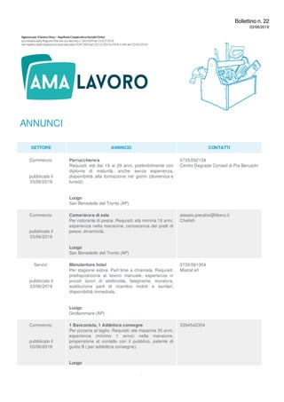 Bollettino n. 22
03/06/2019
ANNUNCI
SETTORE ANNNCIO CONTATTI
Commercio
pubblicato il
03/06/2019
Parrucchiere/a
Requisiti: età dai 18 ai 29 anni, preferibilmente con
diploma di maturità, anche senza esperienza,
disponibilità alla formazione nei giorni (domenica e
lunedì).
Luogo
San Benedetto del Tronto (AP)
0735/592134
Centro Degrade Conseil di Pia Beruschi
Commercio
pubblicato il
03/06/2019
Cameriere/a di sala
Per ristorante di pesce. Requisiti: età minima 18 anni,
esperienza nella mansione, conoscenza dei piatti di
pesce, dinamicità.
Luogo
San Benedetto del Tronto (AP)
alessio.pieralisi@libero.it
Chefish
Servizi
pubblicato il
03/06/2019
Manutentore hotel
Per stagione estiva. Part time a chiamata. Requisiti:
predisposizione al lavoro manuale, esperienza in
piccoli lavori di elettricista, falegname, muratura,
sostituzione parti di ricambio mobili e sanitari,
disponibilità immediata.
Luogo
Grottammare (AP)
0735/581354
Mistral srl
Commercio
pubblicato il
03/06/2019
1 Banconista, 1 Addetto/a consegne
Per pizzeria al taglio. Requisiti: età massima 35 anni,
esperienza (minimo 1 anno) nella mansione,
propensione al contatto con il pubblico, patente di
guida B ( per addetto/a consegne).
Luogo
3394542354
 