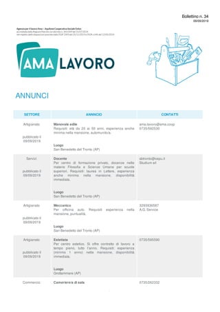 Bollettino n. 34
09/09/2019
ANNUNCI
SETTORE ANNNCIO CONTATTI
Artigianato
pubblicato il
09/09/2019
Manovale edile
Requisiti: età da 20 ai 50 anni, esperienza anche
minima nella mansione, automunito/a.
Luogo
San Benedetto del Tronto (AP)
ama.lavoro@ama.coop
0735/592530
Servizi
pubblicato il
09/09/2019
Docente
Per centro di formazione privato, docenze nelle
materie Filosofia e Scienze Umane per scuole
superiori. Requisiti: laurea in Lettere, esperienza
anche minima nella mansione, disponibilità
immediata.
Luogo
San Benedetto del Tronto (AP)
sbtronto@cepu.it
Studium srl
Artigianato
pubblicato il
09/09/2019
Meccanico
Per officina auto. Requisiti esperienza nella
mansione, puntualità.
Luogo
San Benedetto del Tronto (AP)
3293936587
A.G. Service
Artigianato
pubblicato il
09/09/2019
Estetista
Per centro estetico. Si offre contratto di lavoro a
tempo pieno, tutto l’anno. Requisiti: esperienza
(minimo 1 anno) nella mansione, disponibilità
immediata.
Luogo
Grottammare (AP)
0735/595590
Commercio Cameriere/a di sala 0735/262332
 