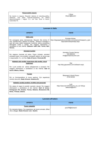 Responsabile negozio
                                                                                                        3 Store
Da inserire in negozio. Requisiti: diploma di maturità,qualifica,                                 rfrezzini@tiscali.it
referenze. Che abbia maturato esperienza nel settore
telecomunicazioni / negozi. C.v. con foto. Zona di lavoro:
Colonnella TE.




                                                               Lavorare in Italia

                               OFFERTA                                                                 FONTE

                              Cabin crew
                                                                                       Emirates Airlines
Per compagnia aerea internazionale. Requisiti: Età minima 21 https://ekgrpapplications.emirates.com/careersonlineapps/cc_open
anni, idoneità fisica, diploma di maturità, assenza di tatuaggi in              days/cabincrewopendays.aspx
parti del corpo visibili indossando l’uniforme, ottima conoscenza
dell’inglese scritto e parlato. Per maggiori informazioni e
candidature al sito internet. Selezioni nelle città: Torino, Bari,
Verona.

                          Animatori turistici
                                                                                             Animation Tourism Service
Per stagione invernale ed estiva. Figure richieste: animatori                                      039 6084333
polivalenti (sport, mini,contatto), coreografi, ballerini, dj, tecnici,capi                  info@animationtourism.com
e responsabile. C.v. con foto. Sede di lavoro: Vimercate MI.

     Addetto/a alla vendita, supervisore alla vendita, visual
                           supervisor                                                                     Gap
                                                                                     http://italy.gapcareers.com/JobSearch.aspx
Per i punti vendita nel settore abbigliamento e accessori. Per
maggiori informazioni e candidature al sito internet. Sedi di
lavoro: Milano, Arezzo.

                                Fornaio
                                                                                             Manpower di Ascoli Piceno
Per un forno/panetteria di nuova apertura .Con esperienza                                         0736 344322
(minimo due anni). Sede di lavoro: Amatrice RI.

       Addetti/e vendita,venditori, hr/ufficio del personale
                                                                                                          Lush
Per catena di negozi di prodotti cosmetici naturali. Per maggiori                   https://www.lush.it/html/lavora_con_noi-126.jsp
informazioni e candidature al sito internet. Sedi di lavoro:                                       selezione@lush.it
Portogruaro VE, Venezia, Treviso, Bolzano, Bressanone BZ,
Roma, Firenze, Catania.




                                                              Lavorare all’estero

                               OFFERTA                                                                 FONTE

                           Cuoco- pizzaiolo
                                                                                                 pera799@hotmail.it
Per ristorante italiano. Con esperienza, per lavoro annuale ,offresi
vitto e alloggio. Sede di lavoro: Linz - Austria
 