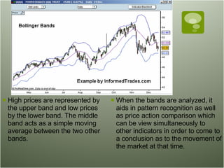 High prices are represented by the upper band and low prices by the lower band. The middle band acts as a simple moving average between the two other bands.  When the bands are analyzed, it aids in pattern recognition as well as price action comparison which can be view simultaneously to other indicators in order to come to a conclusion as to the movement of the market at that time.  