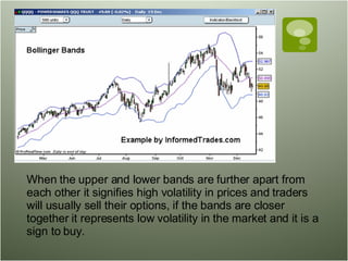 When the upper and lower bands are further apart from each other it signifies high volatility in prices and traders will usually sell their options, if the bands are closer together it represents low volatility in the market and it is a sign to buy.  