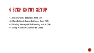 4 STEP ENTRY SETUP
▪ 1. Break Ouside Bollinger Band (BB)
▪ 2. Candle Break Inside Bollinger Band (BB)
▪ 3. Moving Average(MA) Crossing Inside (BB)
▪ 4. Entry When Break Inside BB Close
 
