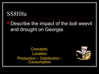 SS8H8a
 Describe the impact of the boll weevil
and drought on Georgia.
Concepts:
Location
Production – Distribution -
Consumption
 