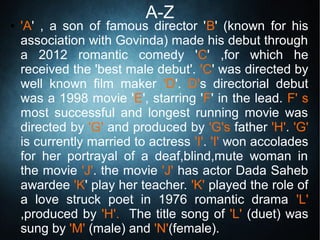 A-Z
● 'A' , a son of famous director 'B' (known for his
association with Govinda) made his debut through
a 2012 romantic comedy 'C' ,for which he
received the 'best male debut'. 'C' was directed by
well known film maker 'D'. D's directorial debut
was a 1998 movie 'E', starring 'F' in the lead. F' s
most successful and longest running movie was
directed by 'G' and produced by 'G's father 'H'. 'G'
is currently married to actress 'I'. 'I' won accolades
for her portrayal of a deaf,blind,mute woman in
the movie 'J'. the movie 'J' has actor Dada Saheb
awardee 'K' play her teacher. 'K' played the role of
a love struck poet in 1976 romantic drama 'L'
,produced by 'H'. The title song of 'L' (duet) was
sung by 'M' (male) and 'N'(female).
 