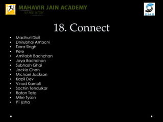 18. Connect
• Madhuri Dixit
• Dhirubhai Ambani
• Dara Singh
• Pele
• Amitabh Bachchan
• Jaya Bachchan
• Subhash Ghai
• Jackie Chan
• Michael Jackson
• Kapil Dev
• Vinod Kambli
• Sachin Tendulkar
• Ratan Tata
• Mike Tyson
• PT Usha
 