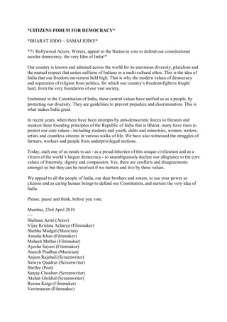 *CITIZENS FORUM FOR DEMOCRACY*
*BHARAT JODO ~ SAMAJ JODO!*
*71 Bollywood Actors, Writers, appeal to the Nation to vote to ...