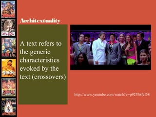 Architextuality


A text refers to
the generic
characteristics
evoked by the
text (crossovers)

                    http://www.youtube.com/watch?v=p92YbtfeI58
 