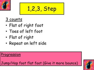 1,2,3, Step 
3 counts 
• Flat of right foot 
• Toes of left foot 
• Flat of right 
• Repeat on left side 
Progression 
Jump/Hop foot flat foot (Give it more bounce) 
 
