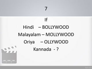 7
If
Hindi – BOLLYWOOD
Malayalam – MOLLYWOOD
Oriya – OLLYWOOD
Kannada - ?
 