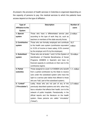 At present, the provision of health services in Colombia is organized depending on
the capacity of persons to pay; the medical services to which the patients have
access depend on the type of affiliation.


        Type of                             Description                           Number of
   Affiliation to the                                                               users
        System
   1. Special           Those who have a differentiated service plan 2 million
   system               according to the type of work they do, such as
                        teachers or members of the state security forces.
   2. Contributive      Those who are formally employed and contribute 18.7
   system               to the health care system (contribution equivalent million
                        to 12.5% of income or basic salary, 8.5% covered
                        by the employer and 4% by the employee).
   3. Subsidized        Those who are at levels 1 and 2 of the System of 19 million
   system               Identification of Potential Beneficiaries of Social
                        Programs (SISBEN in Spanish) and have no
                        financial capacity to contribute on their own to the
                        contributive regime.
   4. Partial           Those assigned to Level 3 of SISBEN who benefit 1.1. million
   subsidies            from a partial contribution by the State to receive
                        care under the subsidized system (who have the
                        right to a service plan below that offered to those
                        who are “fully” part of the subsidized system).
   5. “Linked”          Lastly, those who are not part of any of the 3.7 million
   (“Vinculados”)       previously described systems and who, when they
                        face a situation that affects their health, turn to the
                        network of public hospitals. Paradoxically, in the
                        official reports and the literature on the health
                        system, these persons are called “vinculados”
                        (“linked”).




                                               4
 