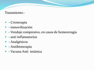 Tratamiento.-
 - Crioterapia
 - inmovilización
 - Vendaje compresivo, en casos de hemeorragia
 - anti inflamatorios
 - Analgésicos
 - Antibioterapia
 - Vacuna Anti tetánica
 