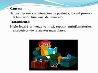 Causas:
fatiga mecànica o reiteraciòn de posturas, lo cual provoca
la limitaciòn funcional del mùsculo.
Tratamiento:
Hielo local ( primeras 72 hrs.), reposo, antinflamatorios,
analgésicos y/o relajantes musculares.
 