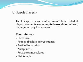 b) Fasciculares.-
Es el desgarro màs comùn, durante la actividad el
deportista siente como un piedrazo, dolor intenso,
hay equimosis y hematomas.
Tratamiento.-
- Hielo local
- Reposo absoluto por 3 semanas.
- Anti inflamatorios
- Analgesicos
- Relajantes musculares
- Fisioteràpia.
 