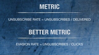 62 
METRIC 
UNSUBSCRIBE RATE = UNSUBSCRIBES / DELIVERED 
BETTER METRIC 
EVASION RATE = UNSUBSCRIBES / CLICKS 
 