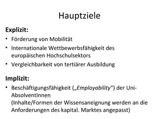 Hauptziele Explizit: Förderung von Mobilität  Internationale Wettbewerbsfähigkeit des europäischen Hochschulsektors Vergleichbarkeit von tertiärer Ausbildung Implizit: Beschäftigungsfähigkeit („ Employability “) der Uni-AbsolventInnen  (Inhalte/Formen der Wissensaneignung werden an die Anforderungen des kapital. Marktes angepasst) 