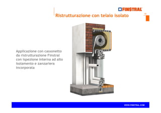 12
www.finstral.com ©
WWW.FINSTRAL.COM
Applicazione con cassonetto
da ristrutturazione Finstral
con ispezione interna ad alto
isolamento e zanzariera
incorporata
Ristrutturazione con telaio isolato
 