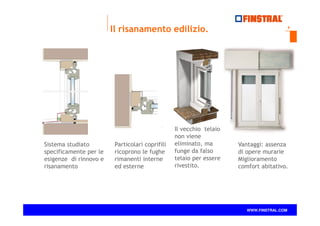 6
www.finstral.com ©
WWW.FINSTRAL.COM
Il risanamento edilizio.
Il vecchio telaio
non viene
eliminato, ma
funge da falso
telaio per essere
rivestito.
Vantaggi: assenza
di opere murarie
Miglioramento
comfort abitativo.
Particolari coprifili
ricoprono le fughe
rimanenti interne
ed esterne
Sistema studiato
specificamente per le
esigenze di rinnovo e
risanamento
 
