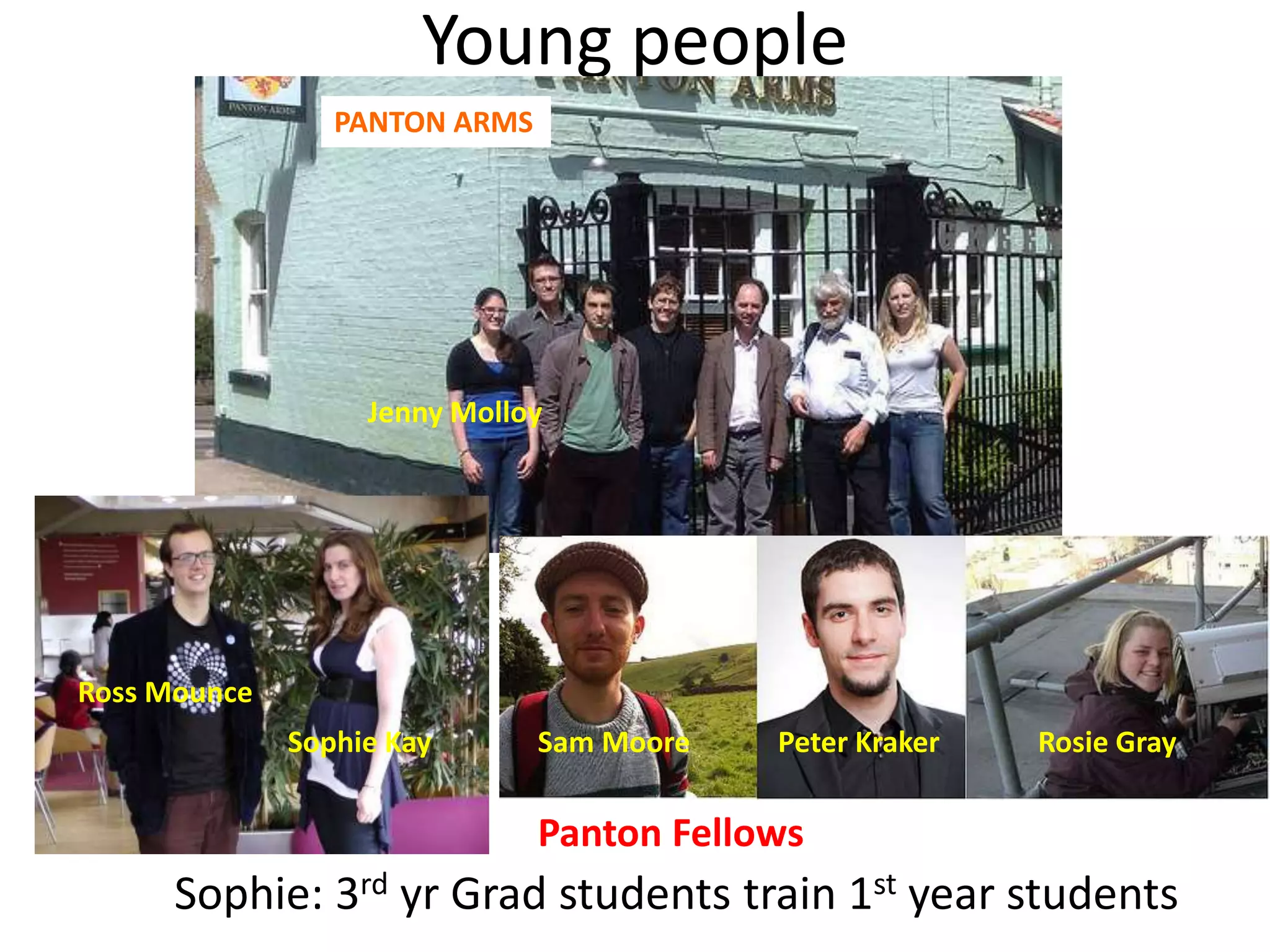 Young people
Jenny Molloy
Ross Mounce
Sam Moore Peter Kraker Rosie GraySophie Kay
Sophie: 3rd yr Grad students train 1st year students
PANTON ARMS
Panton Fellows
 