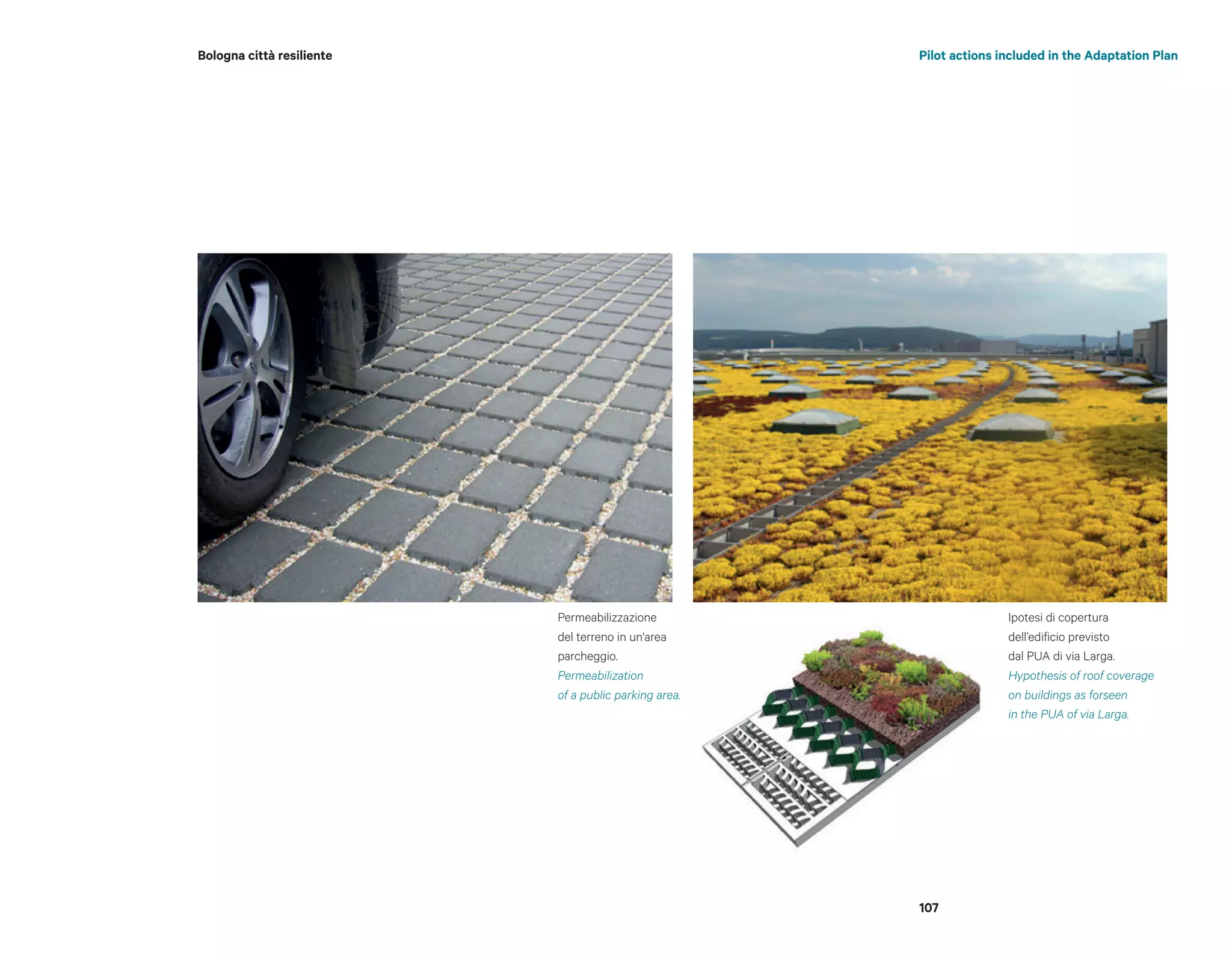 Permeabilizzazione
del terreno in un'area
parcheggio.
Permeabilization
of a public parking area.
Ipotesi di copertura
dell’edificio previsto
dal PUA di via Larga.
Hypothesis of roof coverage
on buildings as forseen
in the PUA of via Larga.
Bologna città resiliente
107
Pilot actions included in the Adaptation Plan
 