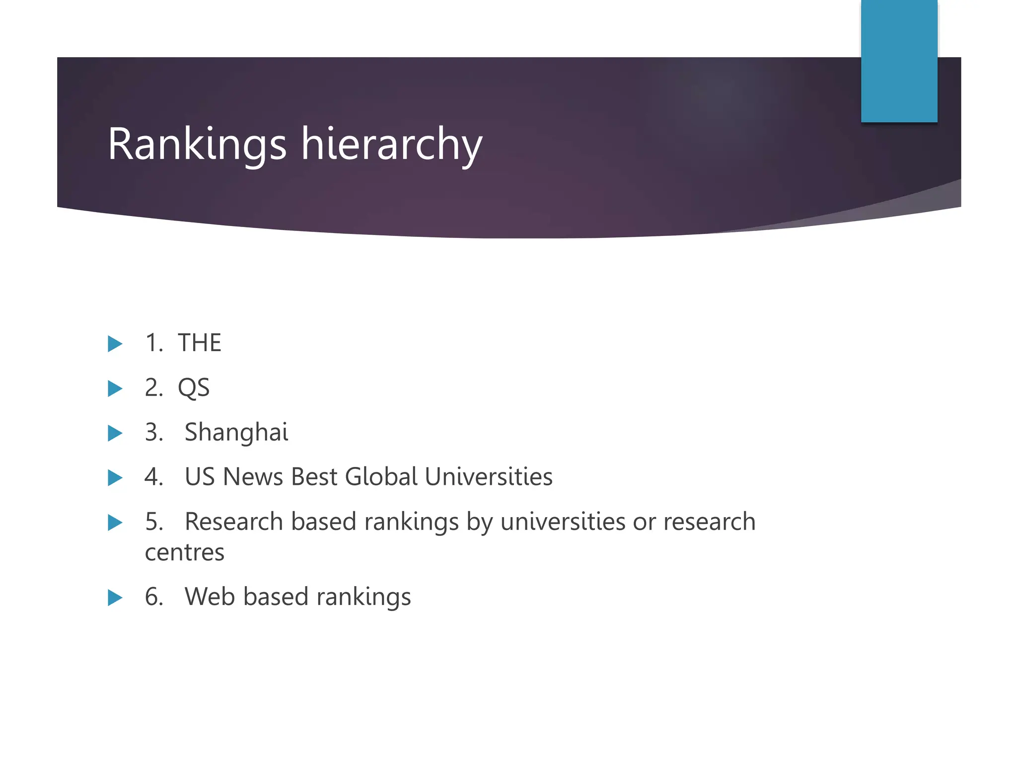 Rankings hierarchy
 1. THE
 2. QS
 3. Shanghai
 4. US News Best Global Universities
 5. Research based rankings by universities or research
centres
 6. Web based rankings
 
