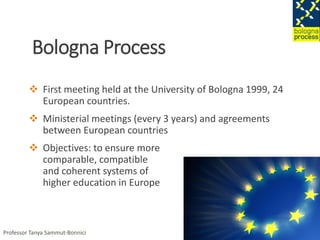 Bologna Process
 First meeting held at the University of Bologna 1999, 24
European countries.
 Ministerial meetings (every 3 years) and agreements
between European countries
 Objectives: to ensure more
comparable, compatible
and coherent systems of
higher education in Europe
Prof Tanya Sammut-BonniciProfessor Tanya Sammut-Bonnici
 