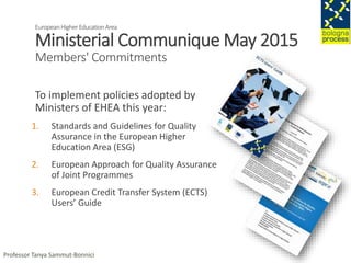 EuropeanHigherEducationArea
Ministerial Communique May 2015
Members' Commitments
To implement policies adopted by
Ministers of EHEA this year:
1. Standards and Guidelines for Quality
Assurance in the European Higher
Education Area (ESG)
2. European Approach for Quality Assurance
of Joint Programmes
3. European Credit Transfer System (ECTS)
Users’ Guide
Professor Tanya Sammut-Bonnici
 