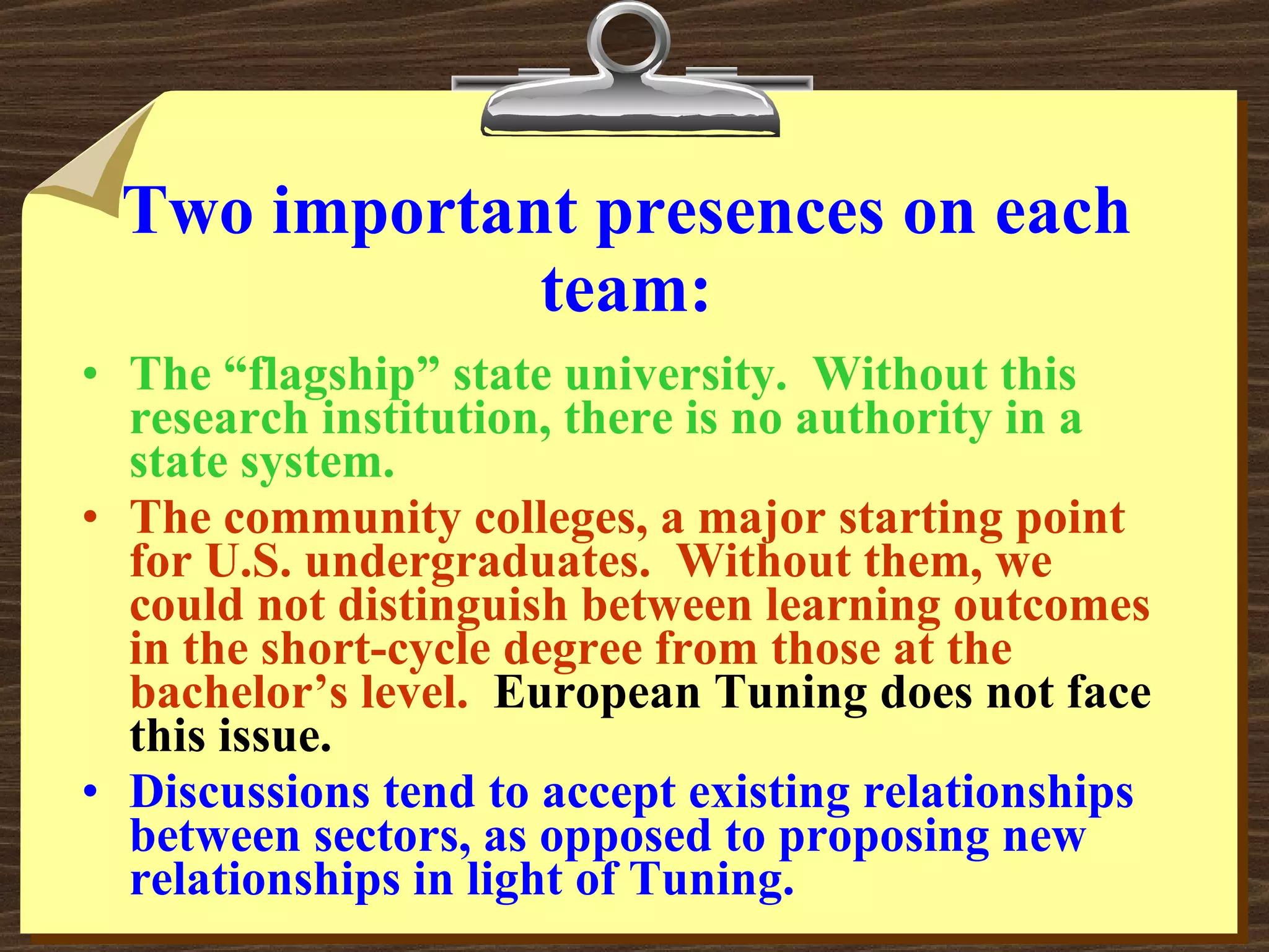 Two important presences on each team: The “flagship” state university.  Without this research institution, there is no authority in a state system. The community colleges, a major starting point for U.S. undergraduates.  Without them, we could not distinguish between learning outcomes in the short-cycle degree from those at the bachelor’s level.  European Tuning does not face this issue. Discussions tend to accept existing relationships between sectors, as opposed to proposing new relationships in light of Tuning. 