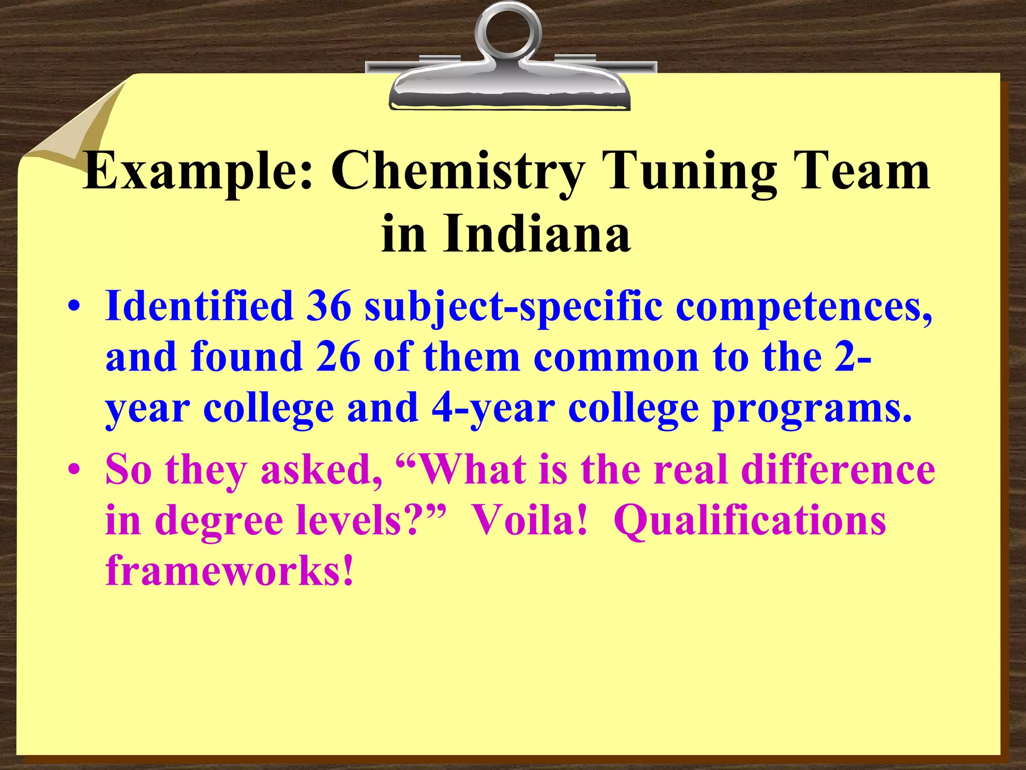 Example: Chemistry Tuning Team in Indiana Identified 36 subject-specific competences, and found 26 of them common to the 2-year college and 4-year college programs. So they asked, “What is the real difference in degree levels?”  Voila!  Qualifications frameworks!  
