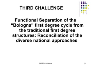 Functional Separation of the “Bologna” first degree cycle from the traditional first degree structures: Reconciliation of the diverse national approaches . AIEA 2010 Conference THIRD CHALLENGE 