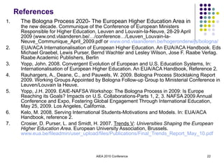 References 1. The Bologna Process 2020- The European Higher Education Area in  the new decade. Communique of the Conference of European Ministers  Responsible for Higher Education, Leuven and Louvain-la-Neuve, 28-29 April  2009 (www.ond.vlaanderen.be/…/conference…/Leuven_Louvain-la-Neuve_Communique_April_2009.pdf or  www.ond.vlaanderen.be/hogeronderwijs/bologna/ 2.  EUA/ACA Internationalisation of European Higher Education. An EUA/ACA Handbook. Eds Michael Graebel, Lewis Purser, Bernd Wachter and Lesley Wilson, Jose F. Raabe Verlag. Raabe Academic Publishers, Berlin 3. Yopp, John. 2008. Convergent Evolution of European and U.S. Education Systems, In: Internationalisation of European Higher Education. An EUA/ACA Handbook, Reference 2. 4. Rauhargers, A., Deane, C., and Pauwels, W. 2009. Bologna Process Stocktaking Report 2009. Working Groups Appointed by Bologna Follow-up Group to Ministerial Conference in Leuven/Louvain la Heuve. 5. Yopp, J.H. 2009. EAIE-NAFSA Workshop: The Bologna Process in 2009: Is Europe Reaching its Goals? Impacts on U.S. Collaborations-Parts 1, 2, 3. NAFSA 2009 Annual Conference and Expo, Fostering Global Engagement Through International Education, May 25, 2009. Los Angeles, California. 6. Kelo, M. 2008. Serving International Students-Motivations and Models. In: EUA/ACA Handbook, reference 2. 7. Crosier, D. Purser, L. and Smidt, H. 2007.  Trends V :  Universities Shaping the European Higher Education Area . European University Association, Brussels.  www.eua.be/fileadmin/user_upload/files/Publications/Final_Trends_Report_May_10.pdf AIEA 2010 Conference 
