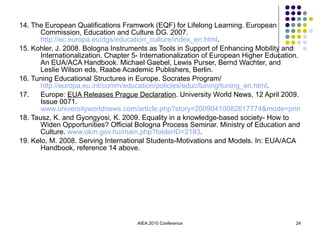 14. The European Qualifications Framwork (EQF) for Lifelong Learning. European Commission, Education and Culture DG. 2007.  http://ec.europa.eu/dgs/education_culture/index_en.html . 15. Kohler, J. 2008. Bologna Instruments as Tools in Support of Enhancing Mobility and Internationalization. Chapter 5- Internationalization of European Higher Education. An EUA/ACA Handbook. Michael Gaebel, Lewis Purser, Bernd Wachter, and Leslie Wilson eds, Raabe Academic Publishers, Berlin. 16. Tuning Educational Structures in Europe. Socrates Program/  http://europa.eu.int/comm/education/policies/educ/tuning/tuning_en.html . 17. Europe:  EUA Releases Prague Declaration . University World News, 12 April 2009. Issue 0071.  www.universityworldnews.com/article.php?story=20090410082617774&mode=print 18. Tausz, K. and Gyongyosi, K. 2009. Equality in a knowledge-based society- How to Widen Opportunities? Official Bologna Process Seminar. Ministry of Education and Culture.  www.okm.gov.hu/main.php?folderID=2183 . 19.  Kelo, M. 2008. Serving International Students-Motivations and Models. In: EUA/ACA Handbook, reference 14 above. AIEA 2010 Conference 